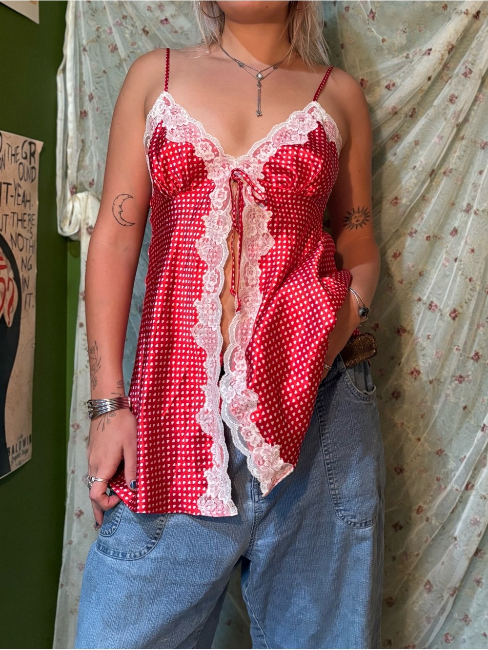 American Vintage Red Polka Dot Satin Lace-Trim Chemise
